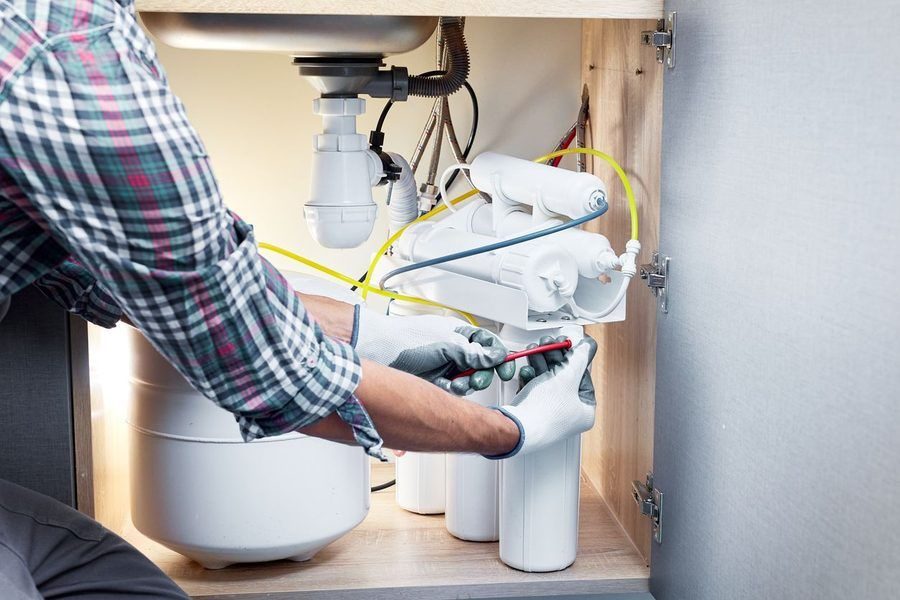 plumber installing a new water treatment system in an Argyle home