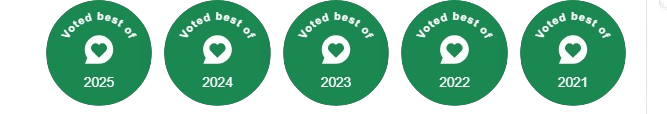 Five green circular badges, each saying 'Voted best of' with a heart, labeled 2021–2025 in a row.